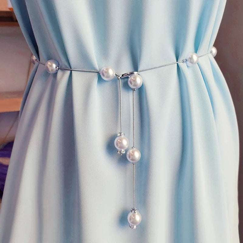 Metal Pearl Chain Belt Women Adjustable Dress Waist Belt
