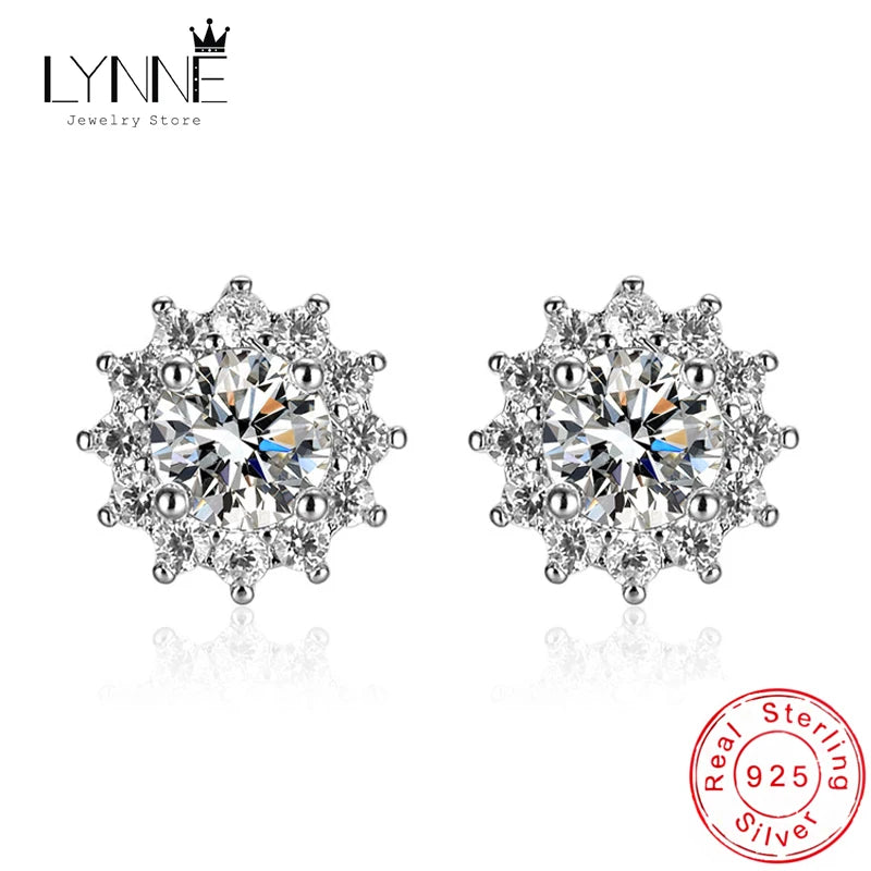 Zircon Sunflower Stud Earrings 925 Silver Crystal Wedding Ear Studs