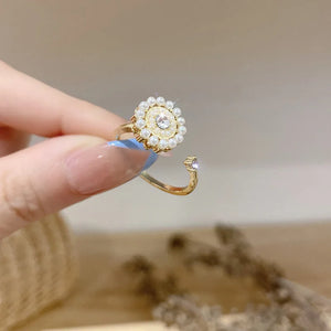 Flower Inlaid Pearl Opening Rotatable Ring Female Niche Temperament Jewelry