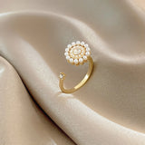 Flower Inlaid Pearl Opening Rotatable Ring Female Niche Temperament Jewelry