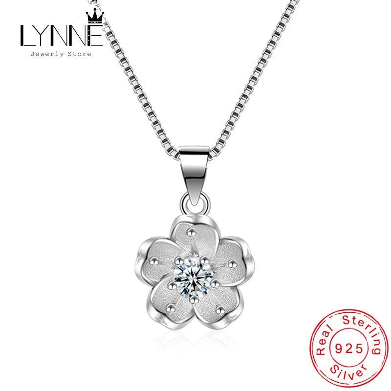 Zircon CZ Sakura Pendant Necklace 925 Sterling Silver