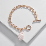 Freshwater Pearl Charm Bracelet Chunky Chain Link Cuff Bracelet