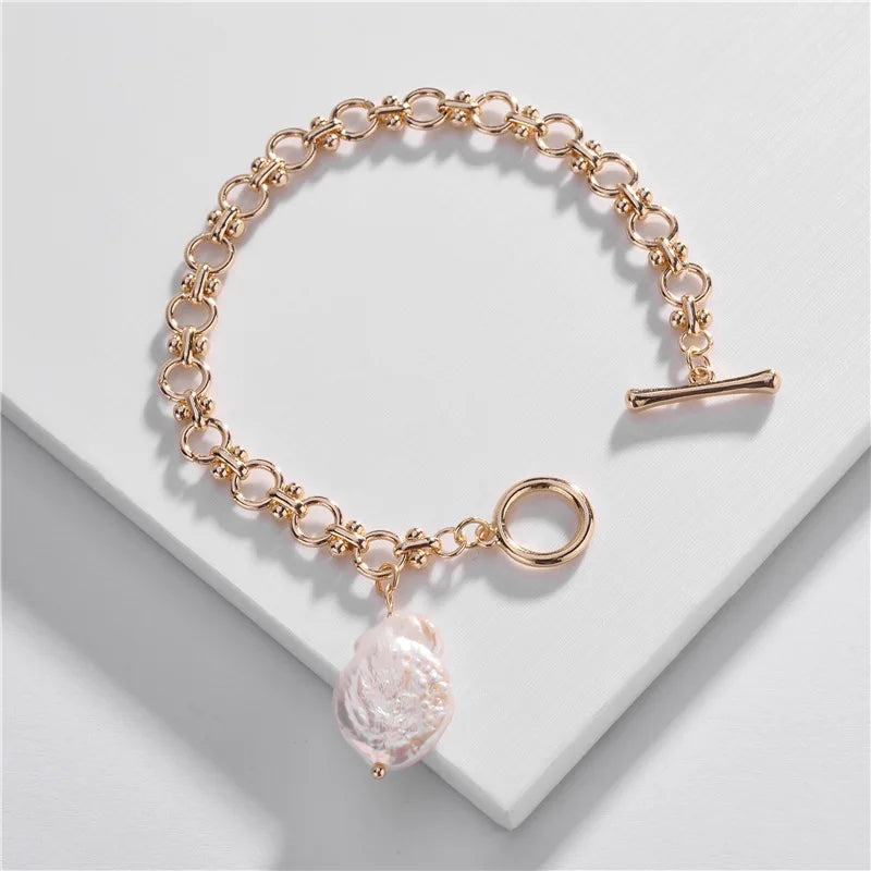 Freshwater Pearl Charm Bracelet Chunky Chain Link Cuff Bracelet