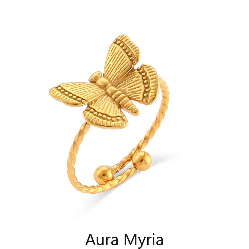 Butterfly Charm Rings Stainless Steel Geometric Adjustable Finger Ring for Women