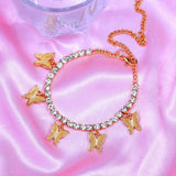 Silver Rhinestone Tennis Anklet with Butterfly Pendant
