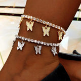 Silver Rhinestone Tennis Anklet with Butterfly Pendant