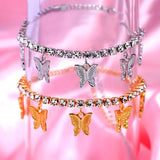 Silver Rhinestone Tennis Anklet with Butterfly Pendant