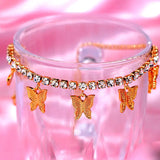 Silver Rhinestone Tennis Anklet with Butterfly Pendant
