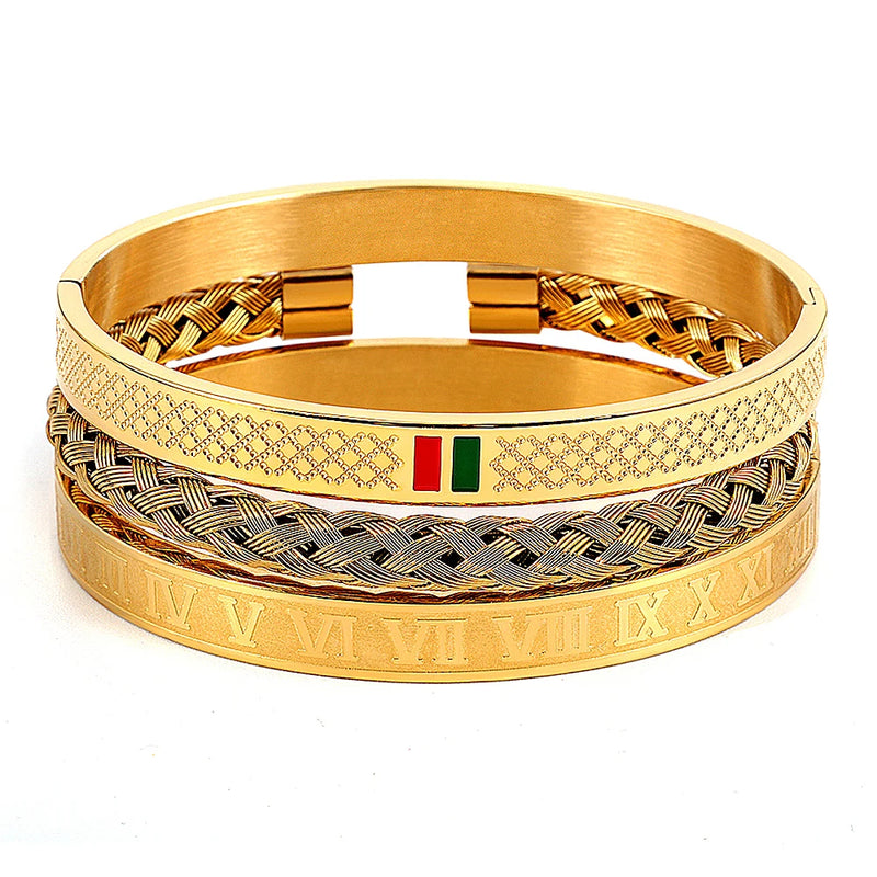 Roman Green Red Bangles Set Stainless Steel Stackable Bracelet