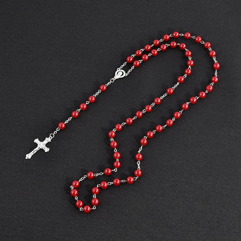 Round Glass Bead Catholic Rosary Bead Cross Necklace