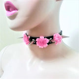 Harajuku Spikes Leather Necklace Flower Rivets Collar Punk Rock Choker
