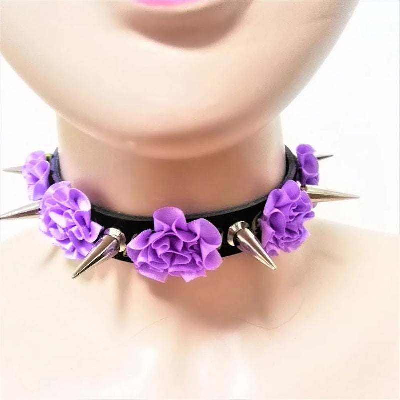 Harajuku Spikes Leather Necklace Flower Rivets Collar Punk Rock Choker