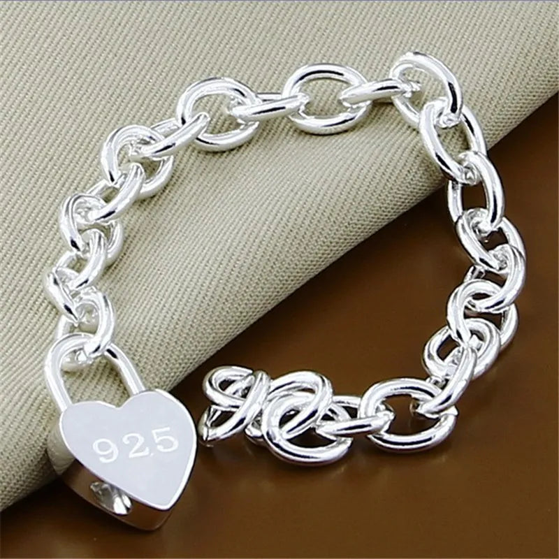 Heart Lock Charm Bracelet 925 Silver Link Chain Y167