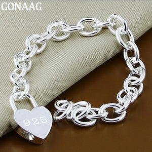 Heart Lock Charm Bracelet 925 Silver Link Chain