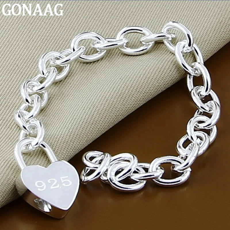 Heart Lock Charm Bracelet 925 Silver Link Chain