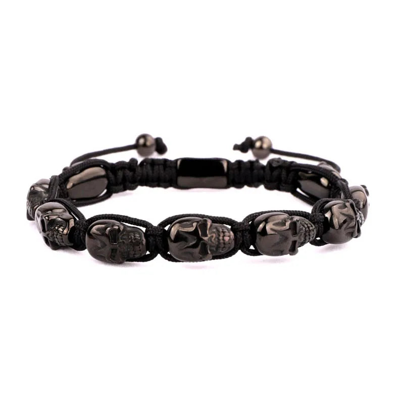 Men Bracelet Stainless Steel Skull Woven Cord Macrame Bracelet