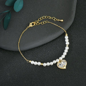 Heart Shaped Pendant Bracelet Pearl Crystal Women Charm Girl Dress Jewelry