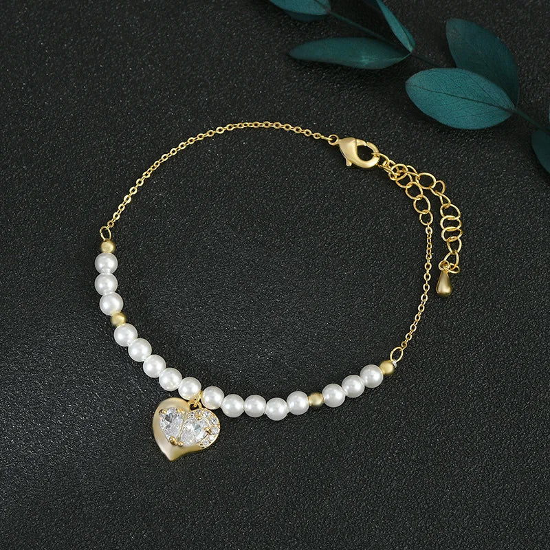 Heart Shaped Pendant Bracelet Pearl Crystal Women Charm Girl Dress Jewelry