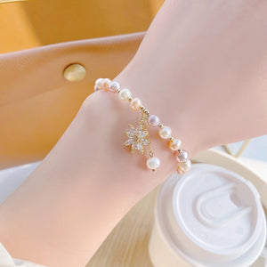 Zircon Flower Pendant Pearl Bracelet 14K Plated, Student Gift