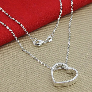 925 Silver Hollow Heart Pendant Necklace Charm Jewelry
