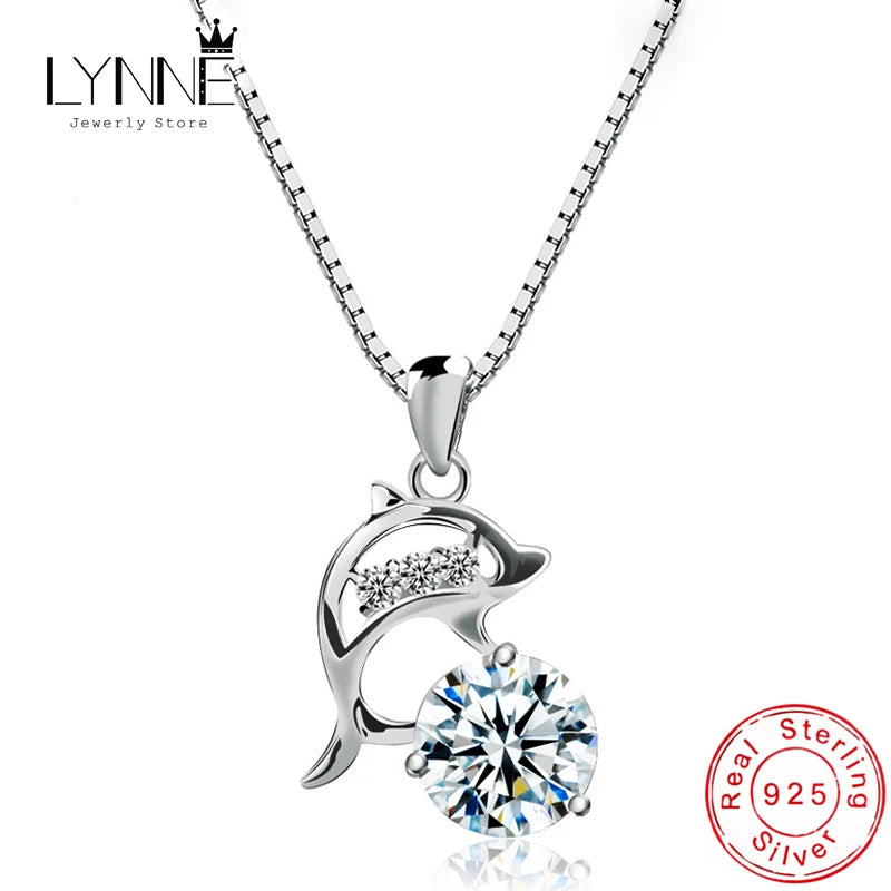 925 Silver CZ Dolphin Pendant Necklace Zircon Charm Women Birthday Gift