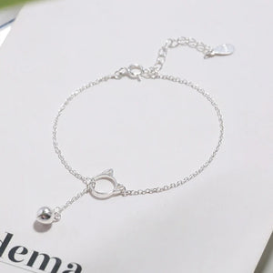 925 Silver Cat Bell Sweet Bracelet Charm Dangle Bangle Jewelry Gift