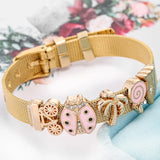 Stainless Steel Mesh Bracelet with Ladybug and Lollipop Charm