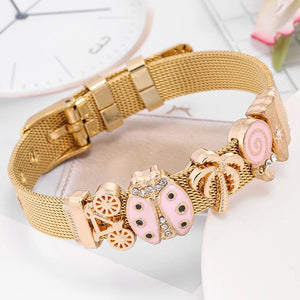Stainless Steel Mesh Bracelet with Ladybug and Lollipop Charm