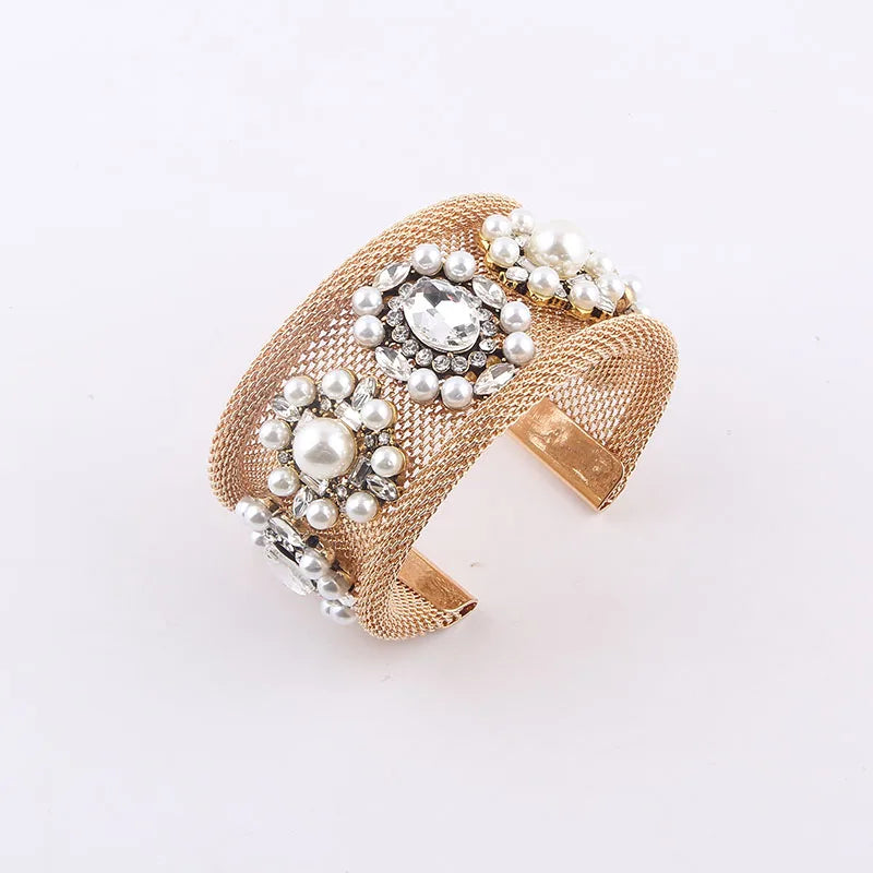 Metal Mesh Pearl Rhinestone Bracelet for Ladies