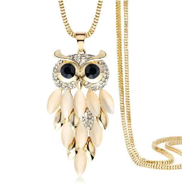 Owl Pendant Rhinestone Sweater Chain Necklace for Woman