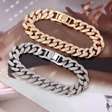 12mm Iced Out Cuban Link Chain Bracelet Silver Bling Rhinestone Jewelry