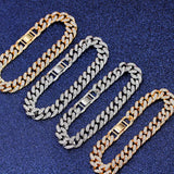 12mm Iced Out Cuban Link Chain Bracelet Silver Bling Rhinestone Jewelry