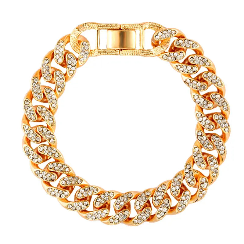 12mm Iced Out Cuban Link Chain Bracelet Silver Bling Rhinestone Jewelry