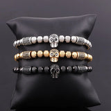 Men's CZ Pave Skull Charm Stainless Steel Stretch Bracelet