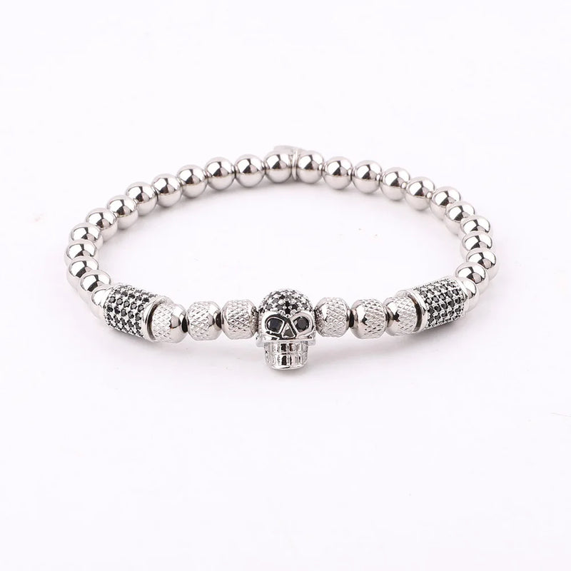 Men's CZ Pave Skull Charm Stainless Steel Stretch Bracelet