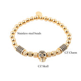 Men's CZ Pave Skull Charm Stainless Steel Stretch Bracelet