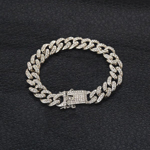 Silver Iced Cuban Link Chain Bracelet Rhinestone Jewelry