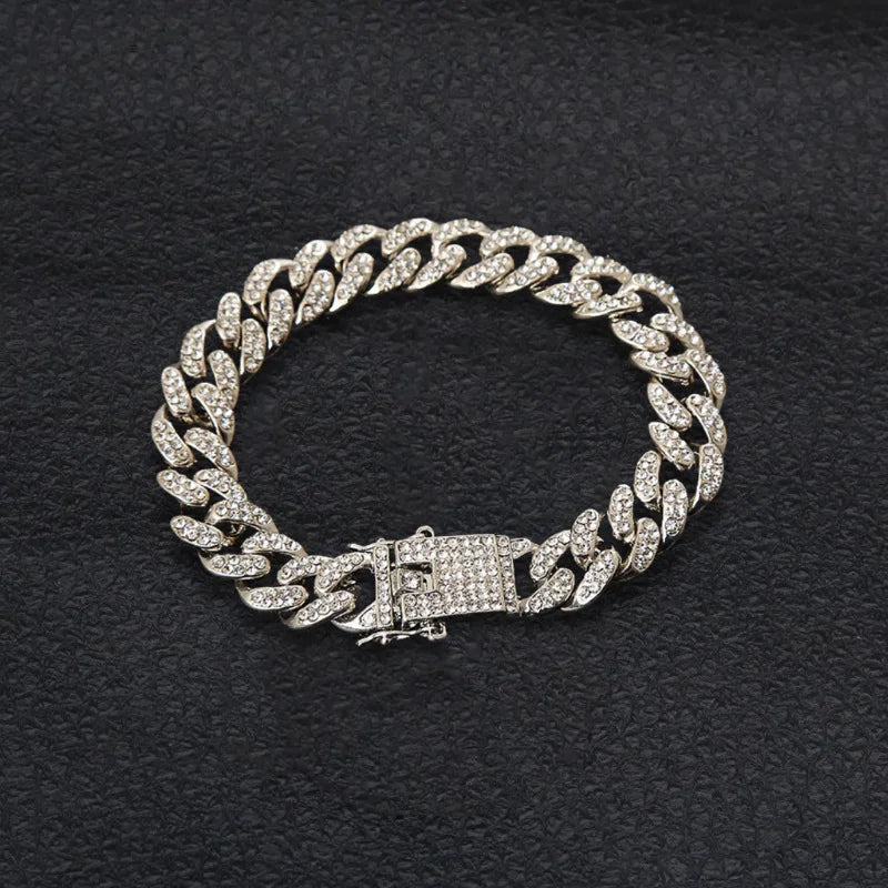Silver Iced Cuban Link Chain Bracelet Rhinestone Jewelry