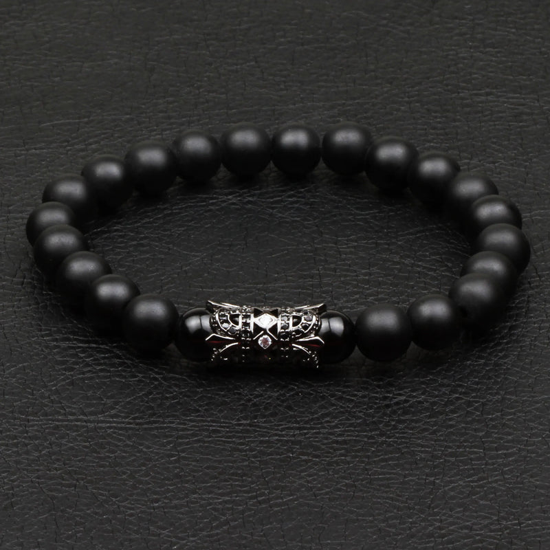 Men Copper Pave Cubic Zircon Matte Stone Bead Strand Bracelet