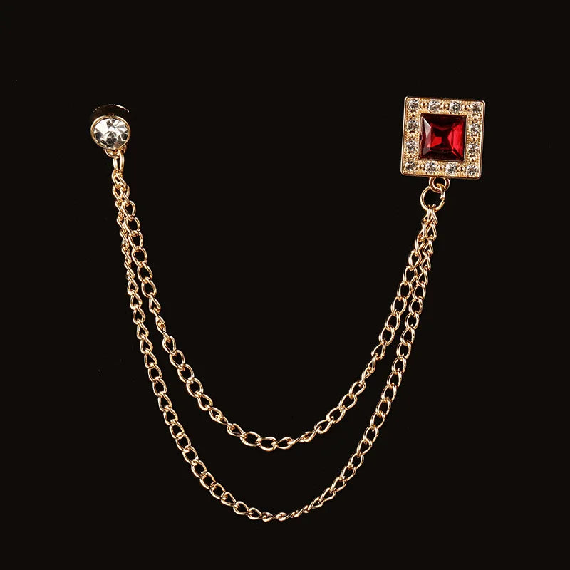 Rhinestone Brooch Men Suit Shirt Tassel Chain Lapel Pin