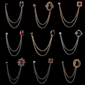 Rhinestone Brooch Men Suit Shirt Tassel Chain Lapel Pin