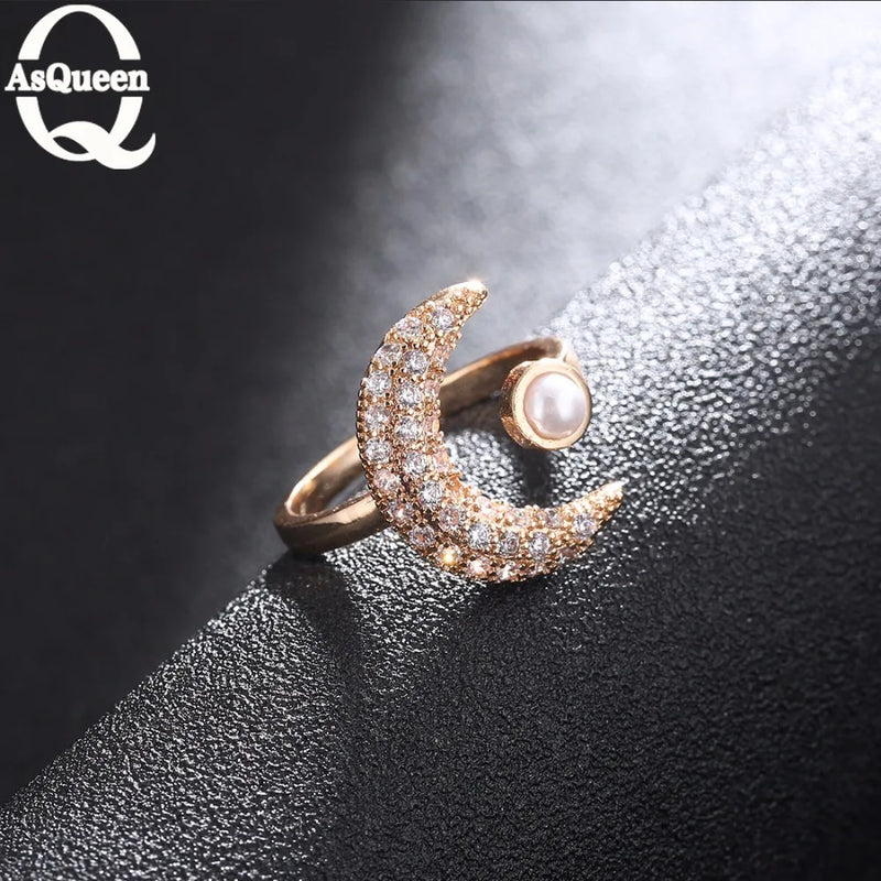 Moon Pearl CZ Rhinestones Adjustable Rings for Women Wedding