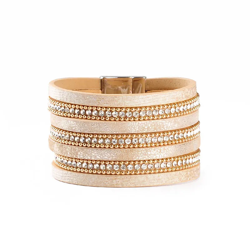 PU Leather Bracelet Rhinestone Beads Chain Wrap Women Bracelet