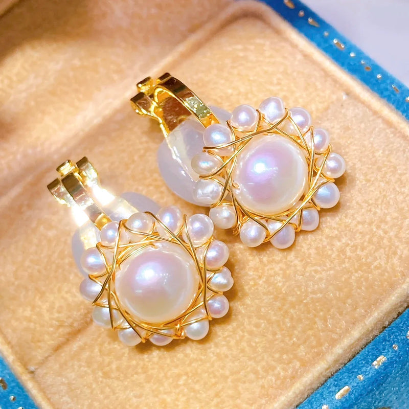 Freshwater Pearl Earrings Clip Sunflower Stud Earrings Women