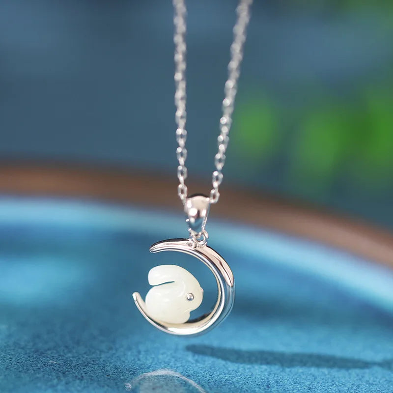 Hetian Jade Necklace S925 Silver Moon Smart Rabbit Pendant