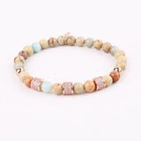 Natural Stone Beaded CZ Pave Ball Charm Elastic Bracelet
