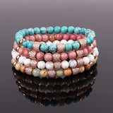 Natural Stone Beaded CZ Pave Ball Charm Elastic Bracelet