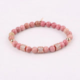 Natural Stone Beaded CZ Pave Ball Charm Elastic Bracelet
