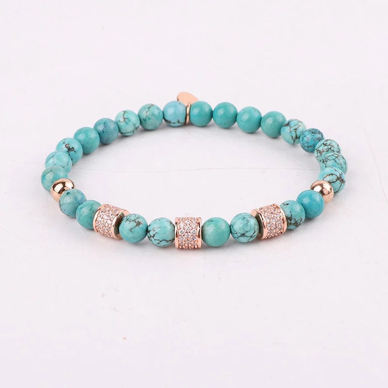 Natural Stone Beaded CZ Pave Ball Charm Elastic Bracelet