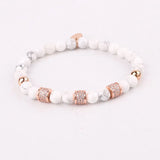 Natural Stone Beaded CZ Pave Ball Charm Elastic Bracelet